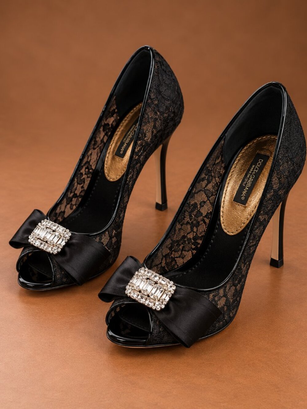 DOLCE & GABBANA Black Lace Peep Toe Pumps Satin Bow Crystal Brooch 35.5